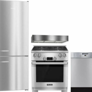 Miele 4 Piece Kitchen Appliances Package with Bottom Freezer Refrigerator, Gas Range and Dishwasher in Stainless Steel MIRERADWMW2007