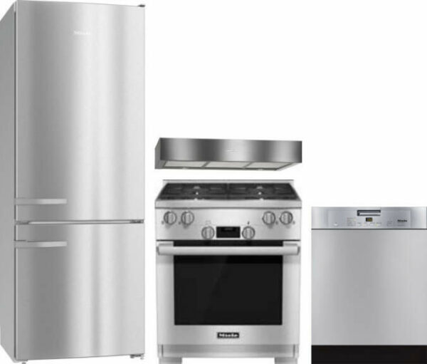 Miele 4 Piece Kitchen Appliances Package with Bottom Freezer Refrigerator, Gas Range and Dishwasher in Stainless Steel MIRERADWMW2007