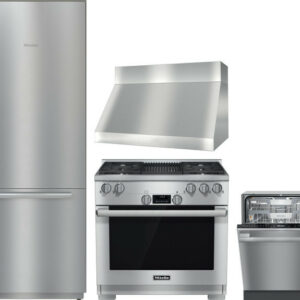 Miele 4 Piece Kitchen Appliances Package with Bottom Freezer Refrigerator, Gas Range and Dishwasher in Stainless Steel MIRERADWRH1521