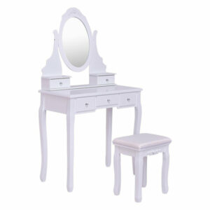 Modern Mirrored Jewelry Wooden Vanity Table Set With 5 Drawers, White