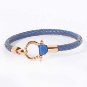 Navy Leather Bracelet with Small Gold Stainless Steel "D" Clamp Closure