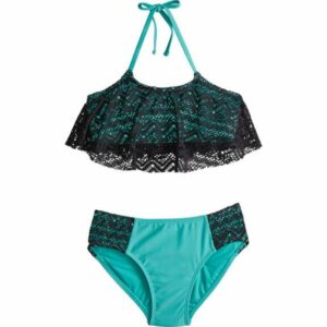 O'Rageous Girls' Chevron Flounce Bikini Black/Turquoise/Aqua, 7 Youth - Girl's Swim at Academy Sports