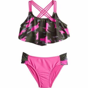 O'Rageous Girls' Pink Pop Camo Strappy Flounce Bikini Pink/Green, 7 Youth - Girl's Swim at Academy Sports