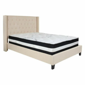 Offex Tufted Platform Bed, Beige Fabric w/ Pocket Spring Mattress, Ful