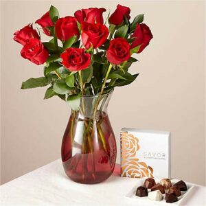 One Dozen Red Rose Bouquet and Chocolates Gift Set