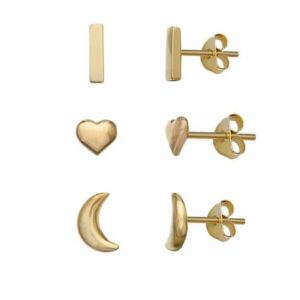 PRIMROSE 18k Gold Over Silver Bar stud, Heart Stud & Crescent Moon Stud Earring Set, Women's, Yellow