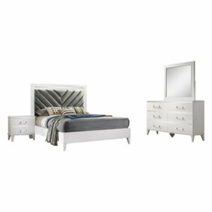 Plaza 4 Piece Bedroom Set, White, King, Bed, Dresser, Mirror, 1 Nights