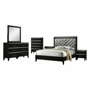 Plaza Bedroom Set, Black, Queen, Bed, Dresser, Mirror, Chest, 2 Nights