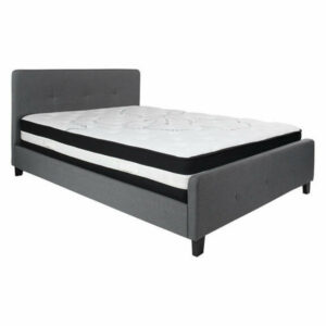 Queen Size Tufted Platform Bed, Dark Gray With Spring Mattress