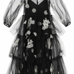 RED VALENTINO LONG TULLE DRESS WITH ORGANZA FLOWERS 40 Black, White