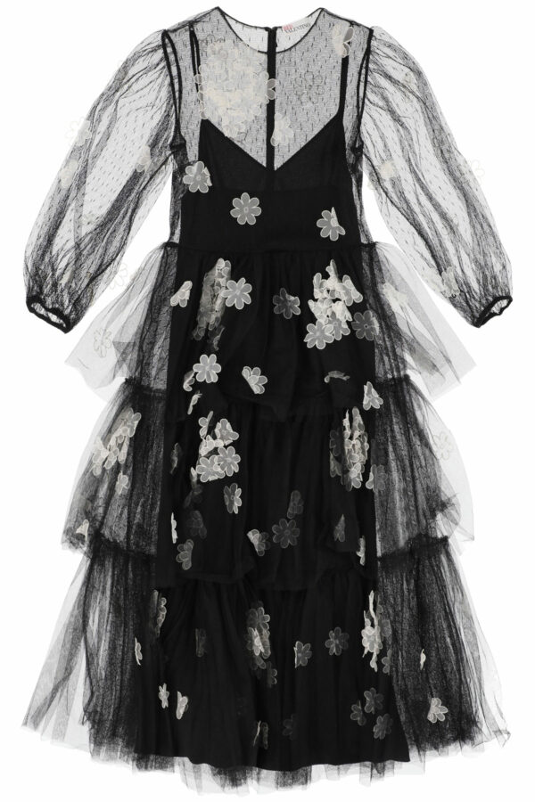 RED VALENTINO LONG TULLE DRESS WITH ORGANZA FLOWERS 40 Black, White