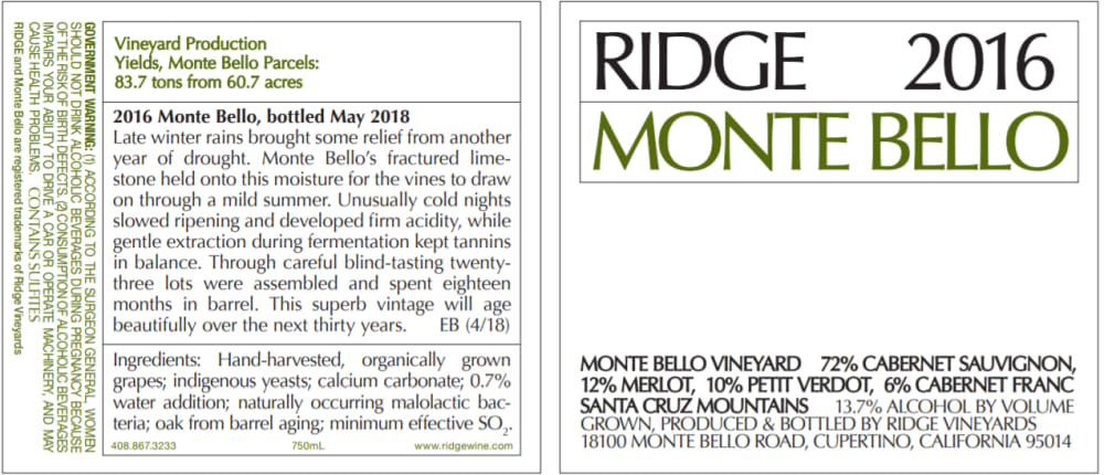 Ridge 2016 Monte Bello - Bordeaux Blends Red Wine