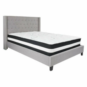 Riverdale Tufted Upholstered Platform Bed w/ Mattress, Light Gray, Que