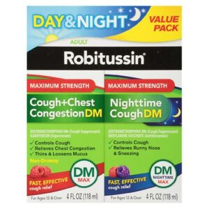 Robitussin DM Adult Maximum Strength Cough + Chest Congestion & Nighttime Cough DM Max Raspberry, Blue Raspberry - 4.0 oz x 2 pack