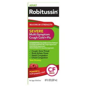 Robitussin Maximum Strength Adult Maximum Strength Severe Multi-Symptom Cough Cold + Flu CF Raspberry - 8.0 oz