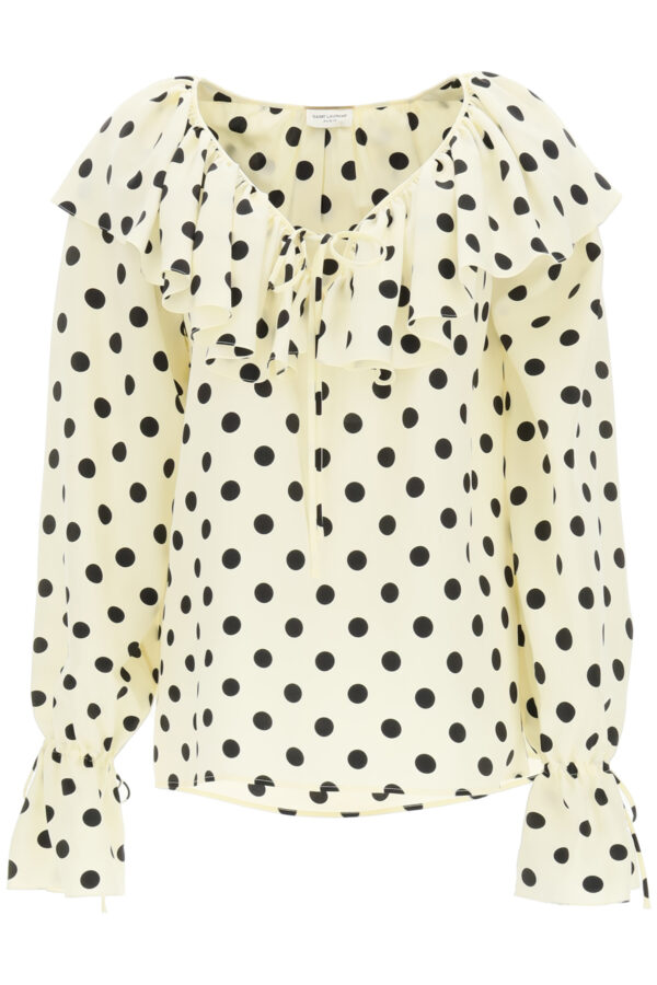 SAINT LAURENT POLKA DOT BLOUSE WITH RUFFLES 36 Beige, Black Silk