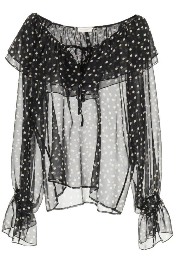 SAINT LAURENT POLKA DOT BLOUSE WITH RUFFLES 36 Black, White Silk