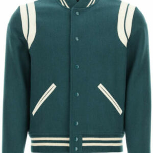 SAINT LAURENT TEDDY BOMBER JACKET IN WOOL AND LEATHER 46 Green, White Wool, Leather