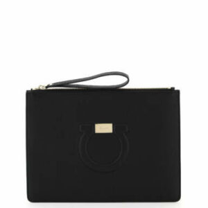 SALVATORE FERRAGAMO GANCINI POUCH OS Black Leather