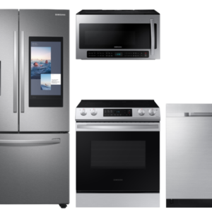 Samsung 3-door Family Hub Refrigerator + Slide-in Electric Range with Wi-Fi + StormWash Dishwasher + Microwave in Stainless Steel