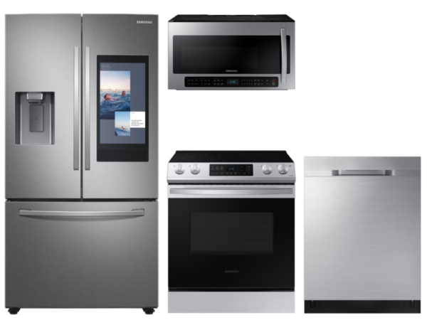 Samsung 3-door Family Hub Refrigerator + Slide-in Electric Range with Wi-Fi + StormWash Dishwasher + Microwave in Stainless Steel