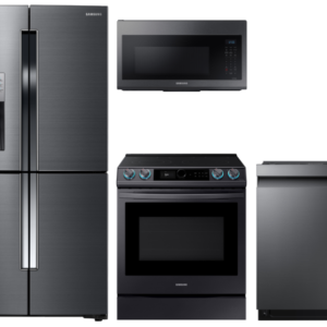 Samsung 4-Door Flex Refrigerator + Slide-in Electric Range with Smart Dial & Air Fry + Dishwasher + Microwave in Black Stainless(BNDL-1604355098256