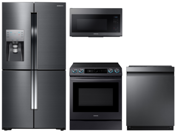 Samsung 4-Door Flex Refrigerator + Slide-in Electric Range with Smart Dial & Air Fry + Dishwasher + Microwave in Black Stainless(BNDL-1604355098256