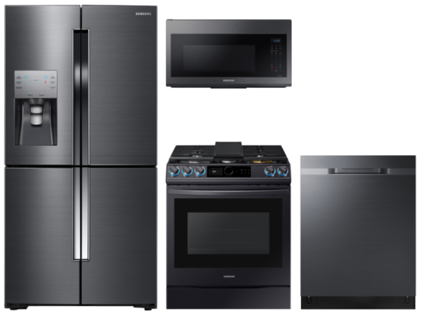 Samsung 4-Door Flex Refrigerator + Slide-in Gas Range with Smart Dial & Air Fry + Dishwasher + Microwave in Black Stainless(BNDL-1604355668447)