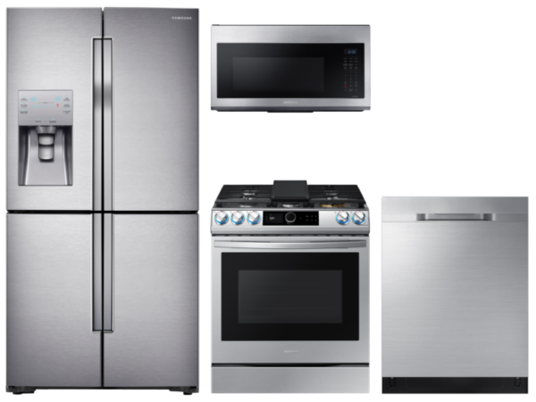 Samsung 4-Door Flex Refrigerator + Slide-in Gas Range with Smart Dial & Air Fry + Dishwasher + Microwave in Stainless Steel(BNDL-1604355393408)