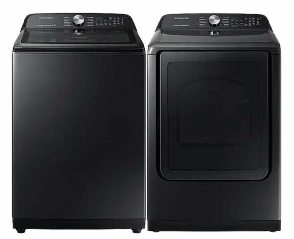 Samsung Black Stainless Top Load Washer with Gas Steam Dryer