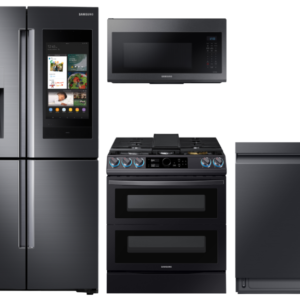 Samsung Family Hub 4-Door Flex Refrigerator + Flex Duo Slide-in Gas Range with Smart Dial & Air Fry + Linear Wash Dishwasher + Microwave in B