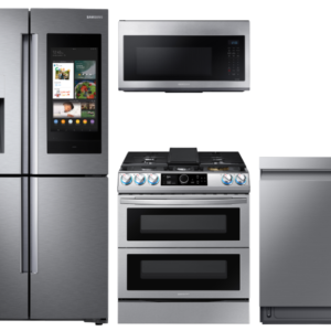 Samsung Family Hub 4-Door Flex Refrigerator + Flex Duo Slide-in Gas Range with Smart Dial & Air Fry + Linear Wash Dishwasher + Microwave in S