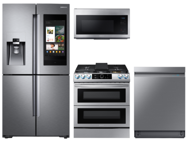 Samsung Family Hub 4-Door Flex Refrigerator + Flex Duo Slide-in Gas Range with Smart Dial & Air Fry + Linear Wash Dishwasher + Microwave in S