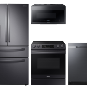 Samsung Food Showcase 4-Door Refrigerator + Slide-in Electric Range with Air Fry + StormWash Dishwasher + Microwave in Black Stainless