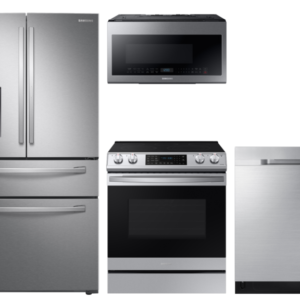 Samsung Food Showcase 4-Door Refrigerator + Slide-in Electric Range with Air Fry + StormWash Dishwasher + Microwave in Stainless Steel