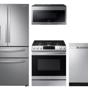 Samsung Food Showcase 4-Door Refrigerator + Slide-in Gas Range with Air Fry + StormWash Dishwasher + Microwave in Stainless Steel(BNDL-160435412315