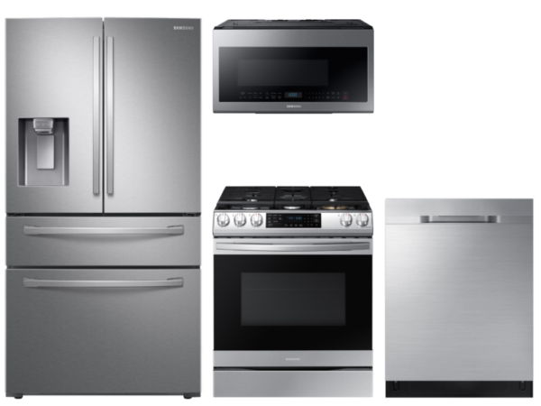 Samsung Food Showcase 4-Door Refrigerator + Slide-in Gas Range with Air Fry + StormWash Dishwasher + Microwave in Stainless Steel(BNDL-160435412315