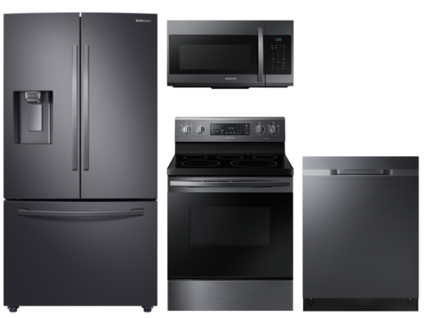 Samsung Large Capacity 3-door Refrigerator + Electric Range with Convection + StormWash Dishwasher + Microwave in Black Stainless(BNDL-160434856938