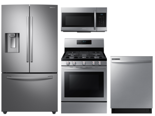 Samsung Large Capacity 3-door Refrigerator + Gas Range with Convection + 55 dBA Dishwasher + Microwave in Stainless Steel(BNDL-1604349024134)