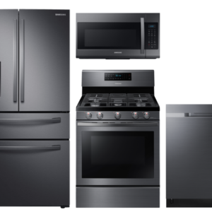 Samsung Large Capacity 4-door Refrigerator + Gas Range with Convection + StormWash Dishwasher + Microwave in Black Stainless(BNDL-1604350027776)