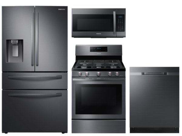 Samsung Large Capacity 4-door Refrigerator + Gas Range with Convection + StormWash Dishwasher + Microwave in Black Stainless(BNDL-1604350027776)