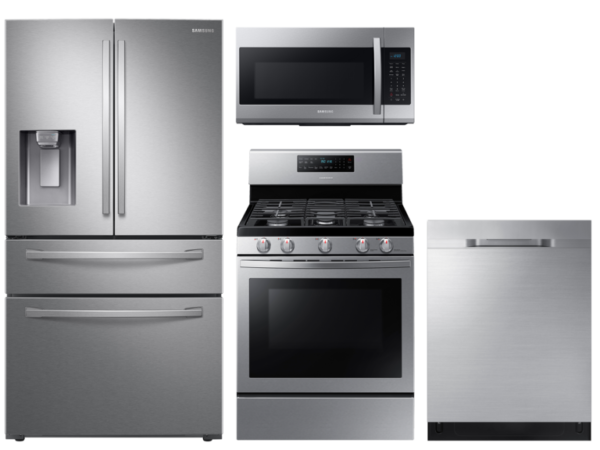 Samsung Large Capacity 4-door Refrigerator + Gas Range with Convection + StormWash Dishwasher + Microwave in Stainless Steel(BNDL-1604349685076)