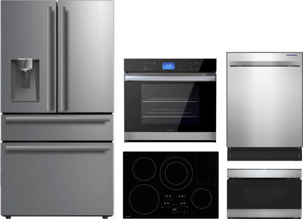 Sharp 5 Piece Kitchen Appliances Package with French Door Refrigerator, Dishwasher and Drawer Microwave in Stainless Steel SHRERADWMW100