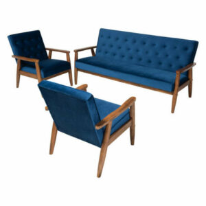 Sorrento Navy Blue Velvet Fabric Walnut 3-Piece Wooden Living Room Set