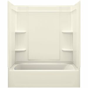 Sterling 71320112 Ensemble 60" Vikrell Alcove Bath/Shower Module with Left Above-Floor Drain Soaking Tub 3 Walls and 4 Shelves Biscuit Showers