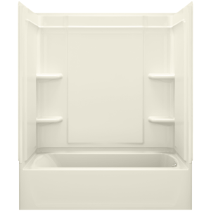 Sterling 71320122 Ensemble 60" Vikrell Alcove Bath/Shower Module with Right Above-Floor Drain Soaking Tub 3 Walls and 4 Shelves Biscuit Tub Soaking