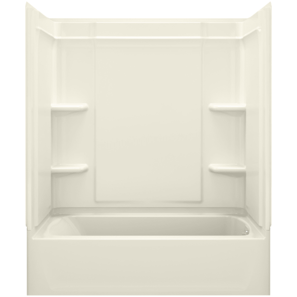 Sterling 71320122 Ensemble 60" Vikrell Alcove Bath/Shower Module with Right Above-Floor Drain Soaking Tub 3 Walls and 4 Shelves Biscuit Tub Soaking