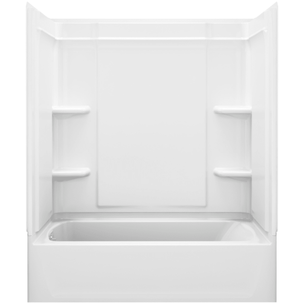 Sterling 71370110 Ensemble 60" Vikrell Alcove Bath/Shower Module with Left Drain Soaking Tub 3 Walls and 4 Shelves White Showers Shower Modules