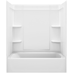 Sterling 71370122 Ensemble 60" Vikrell Alcove Bath/Shower Module with Right Above-Floor Drain Soaking Tub 3 Walls and 4 Shelves White Showers