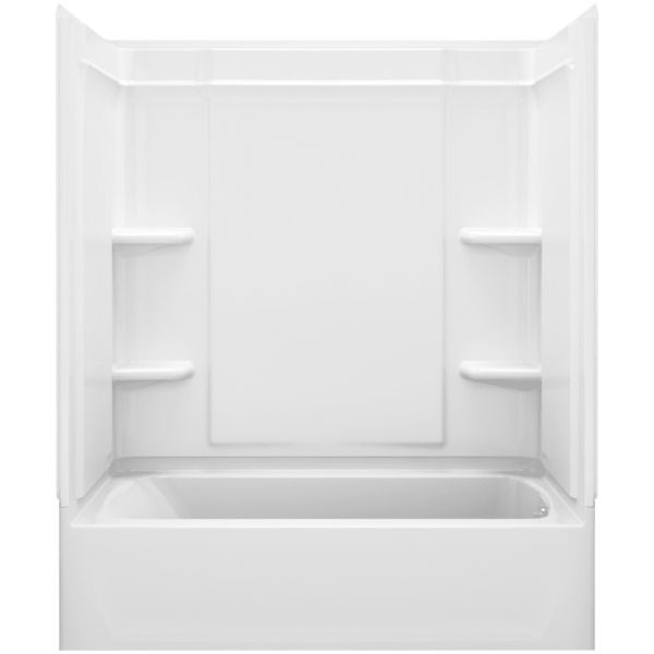 Sterling 71370122 Ensemble 60" Vikrell Alcove Bath/Shower Module with Right Above-Floor Drain Soaking Tub 3 Walls and 4 Shelves White Showers